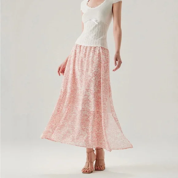 Rihoas Pink Floral Elastic Waist Flared Skirt - Picture 2 of 8